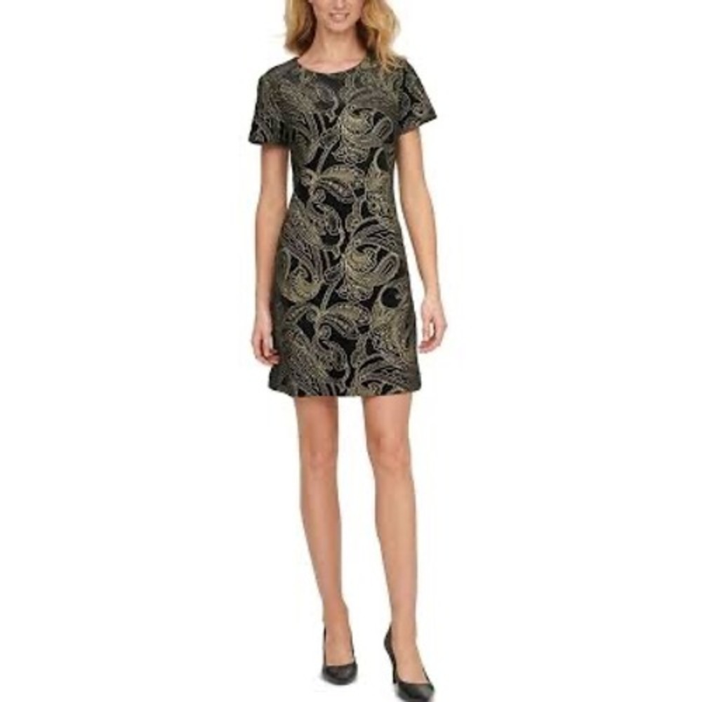 Calvin Klein Black Gold Paisley Print Velvet Short Sleeve Sheath Dress Size 4‎